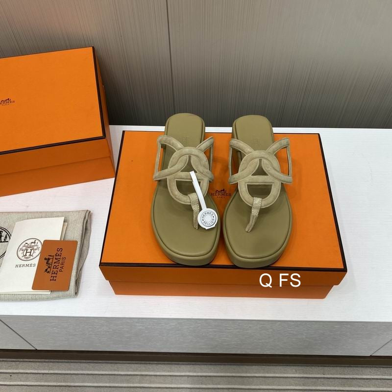 Hermès Chypre flat sandal in sauge suede displayed on orange Hermès box with dust bag and care booklet
