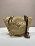 Prada Milano Raffia Tote Bag with Leather Straps