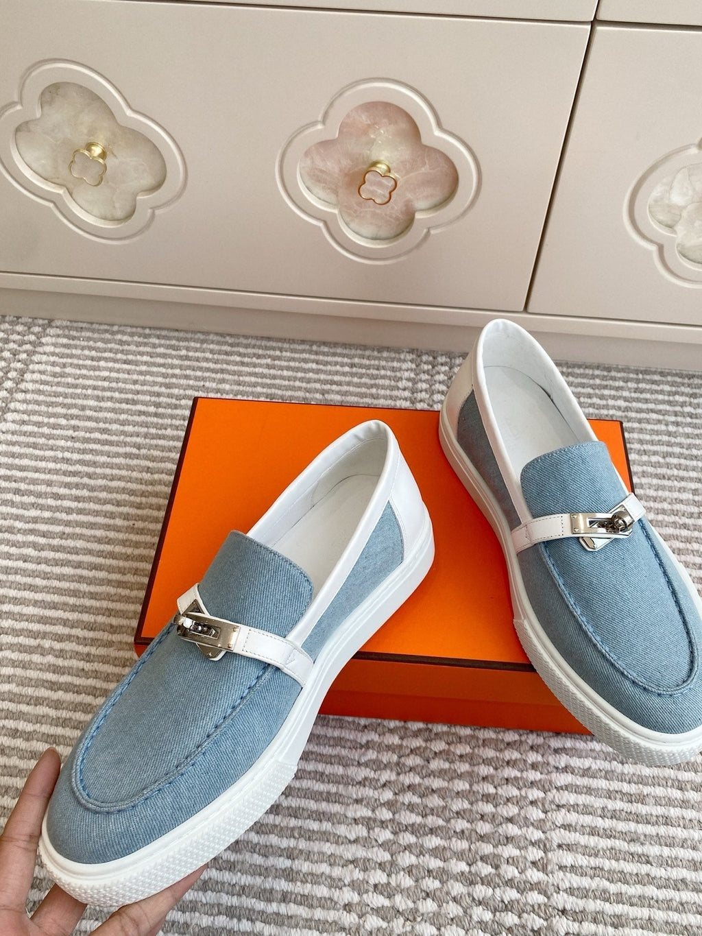 HERMES 25S SLIP-ON IN SKY BLUE CANVAS WITH SILVER HARDWARE