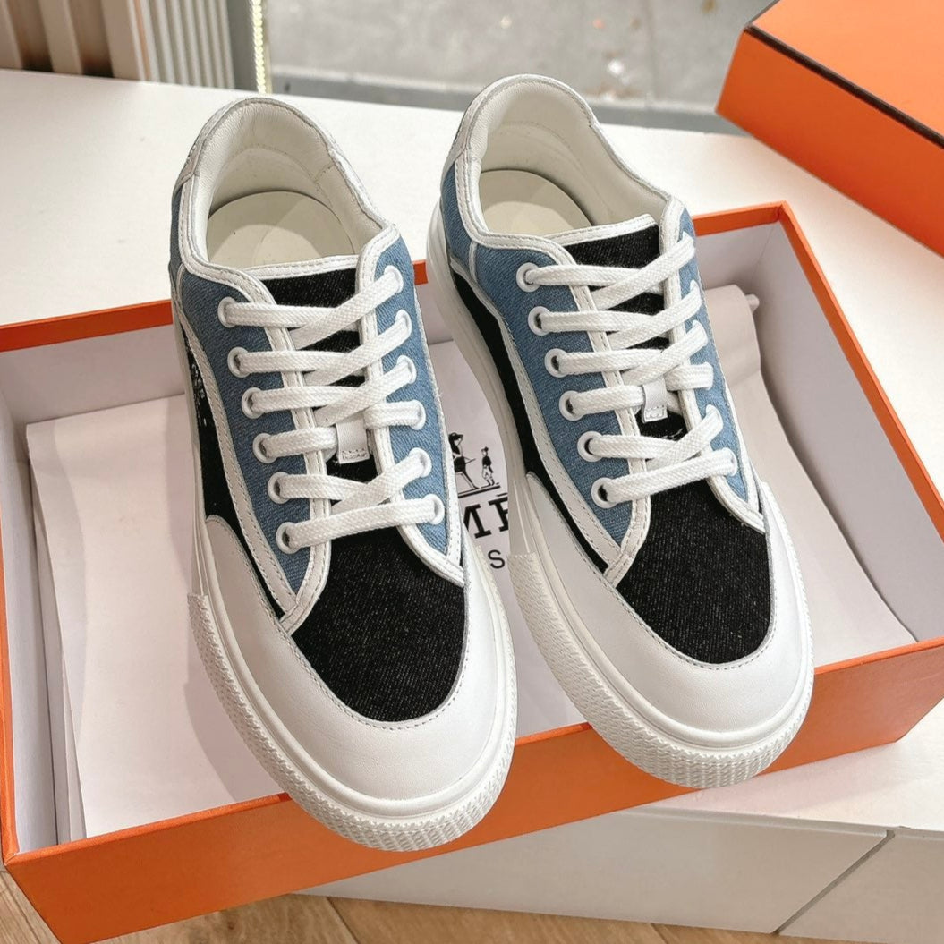 HERMES GET SNEAKER IN BLACK MIX LIGHT BLUE CANVAS AND CALFSKIN