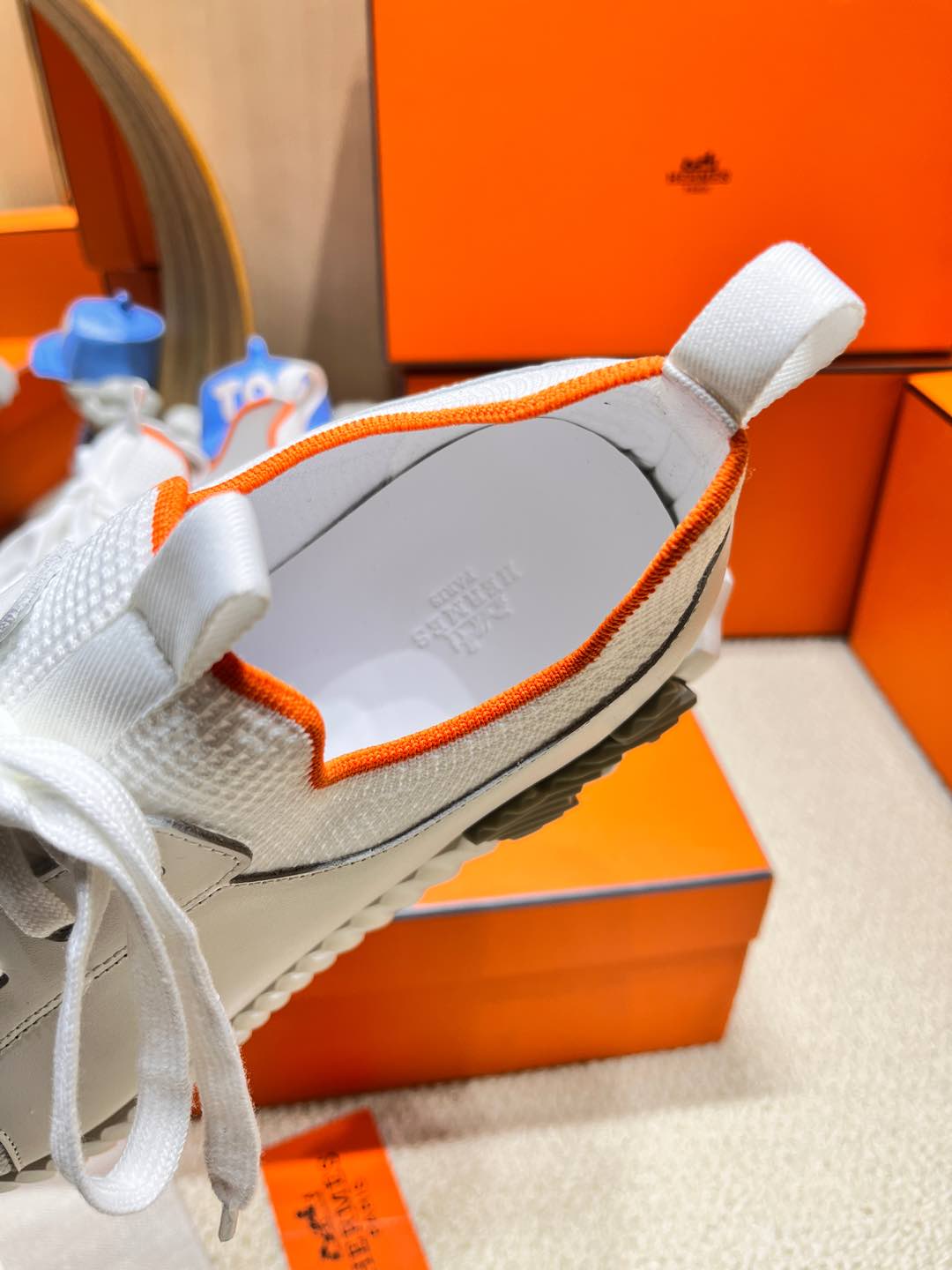 HERMES DEPART SLIP-ON SNEAKER IN FULL WHITE KNIT AND CALFSKIN